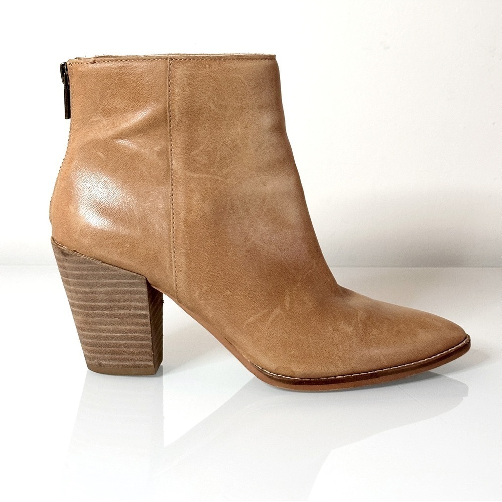 Lucky Brand Adalan Tan Leather Heeled Boots 9 Pointy Toe Zips